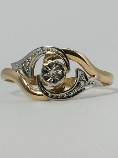 Tourbillon Style Swirl Diamond Ring • 18k Yellow & White Gold
