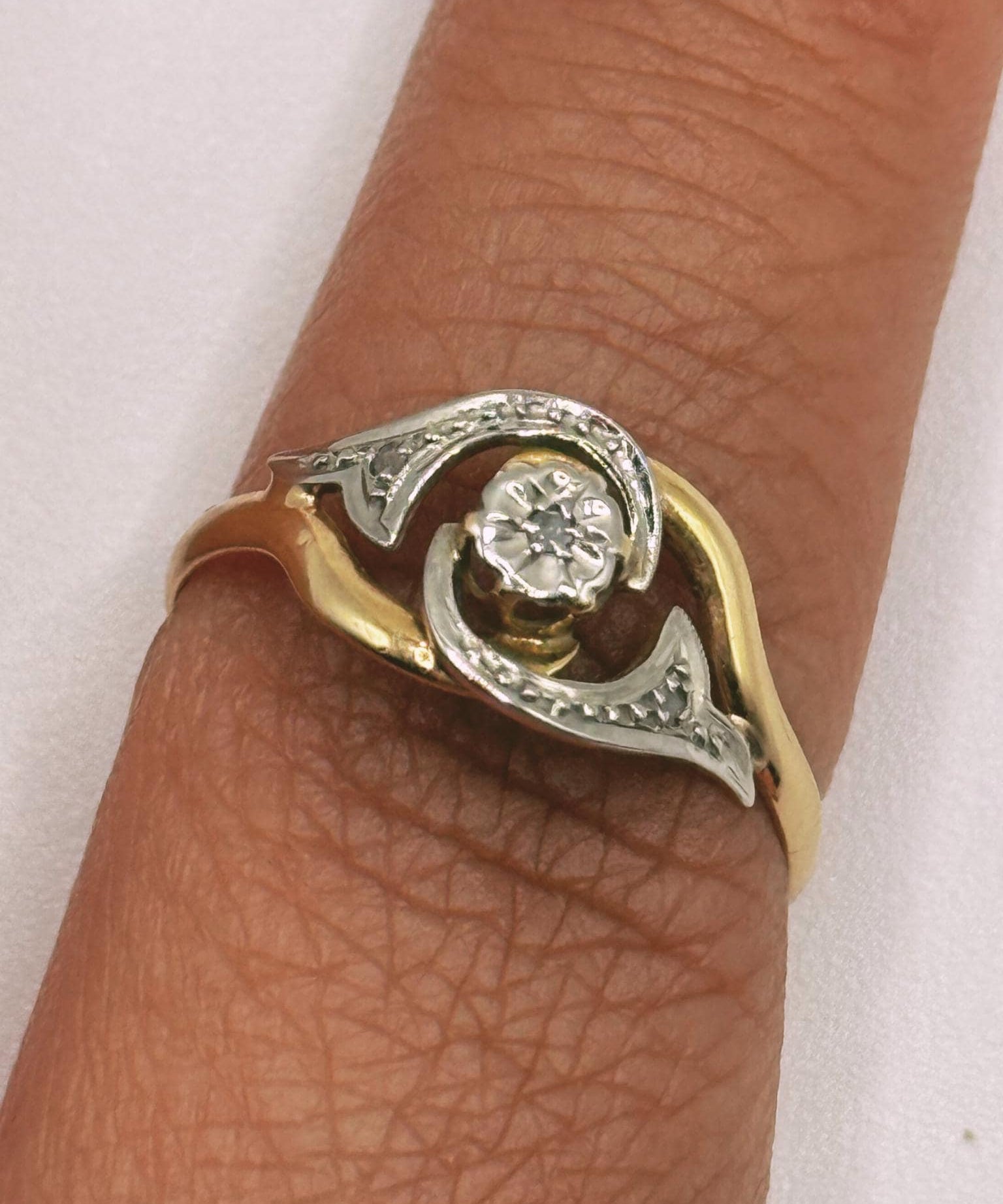 Tourbillon Style Swirl Diamond Ring • 18k Yellow & White Gold