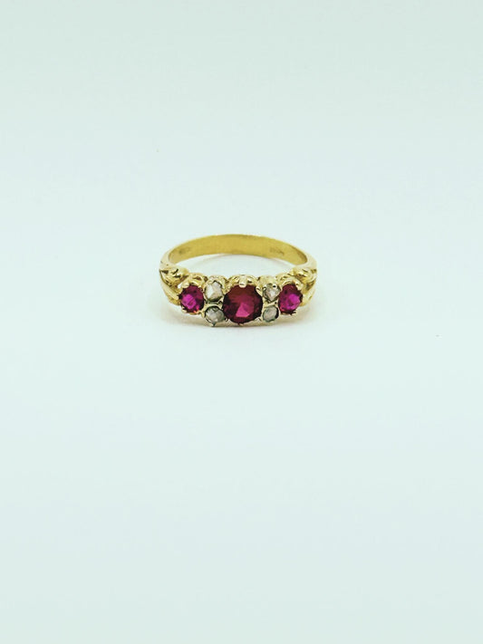 9ct Yellow Gold Ruby & Diamond Half Hoop Ring • English Vintage Style