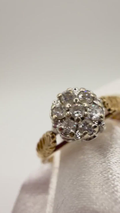 Victorian Style Diamond Daisy Cluster Ring • 14k Gold Vintage Ring